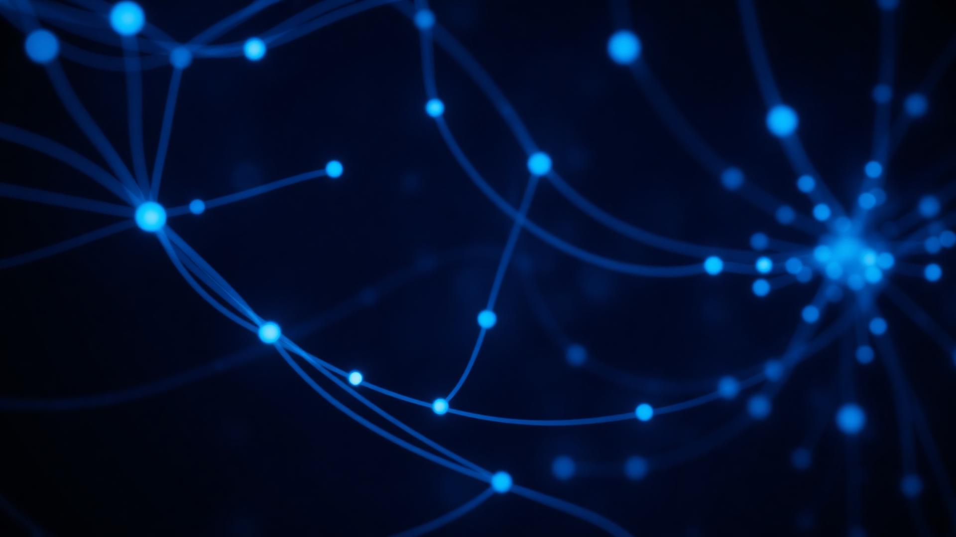 Rede de fibra óptica com nós de conexão iluminados em azul